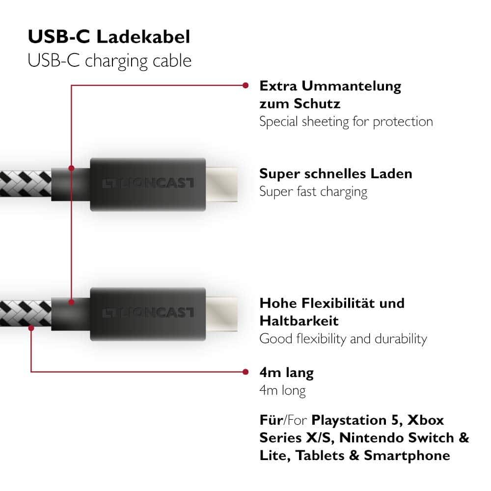 Lioncast PS5 Ladekabel 4m – USB C zu USB C