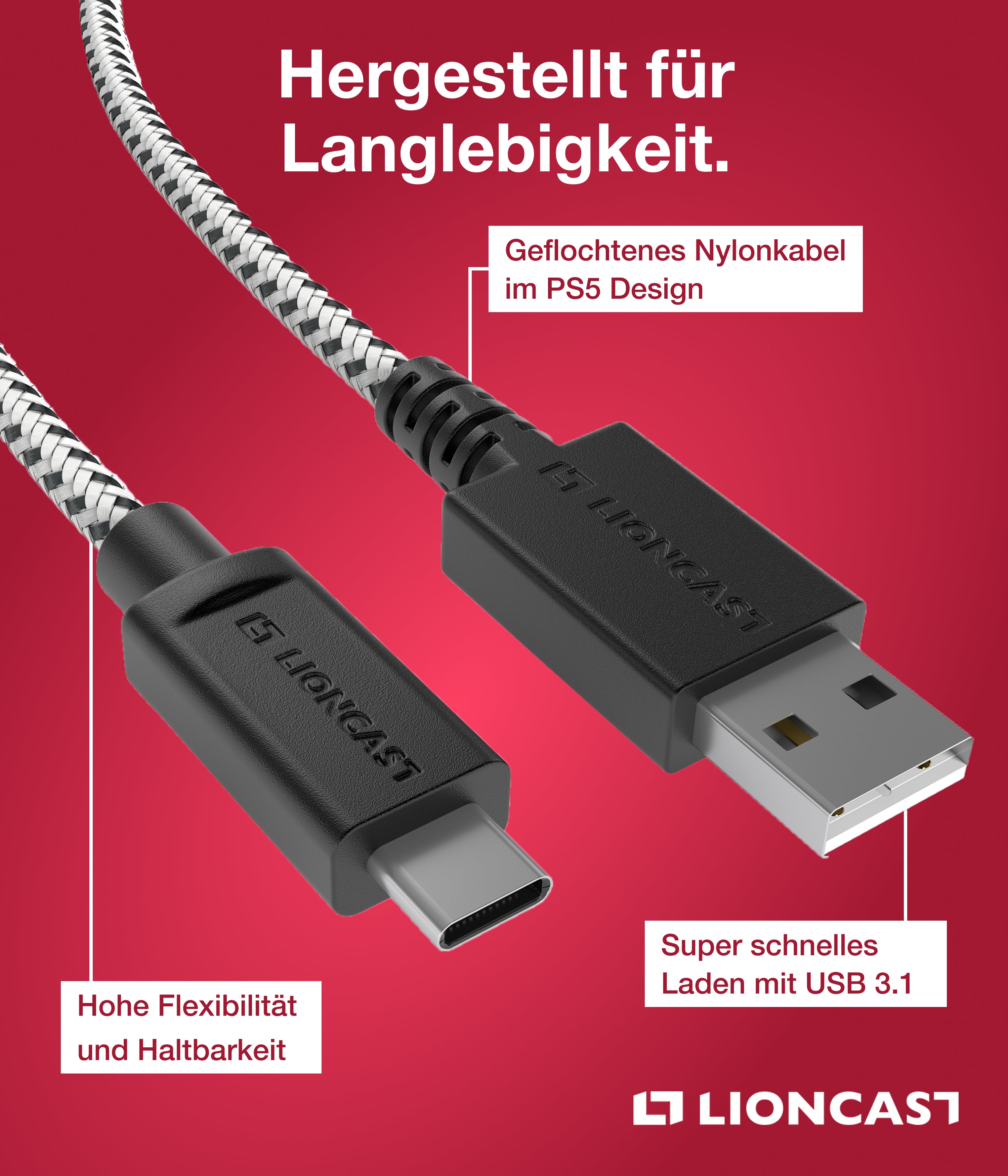 Lioncast PS5 Ladekabel 4m – USB C zu USB A