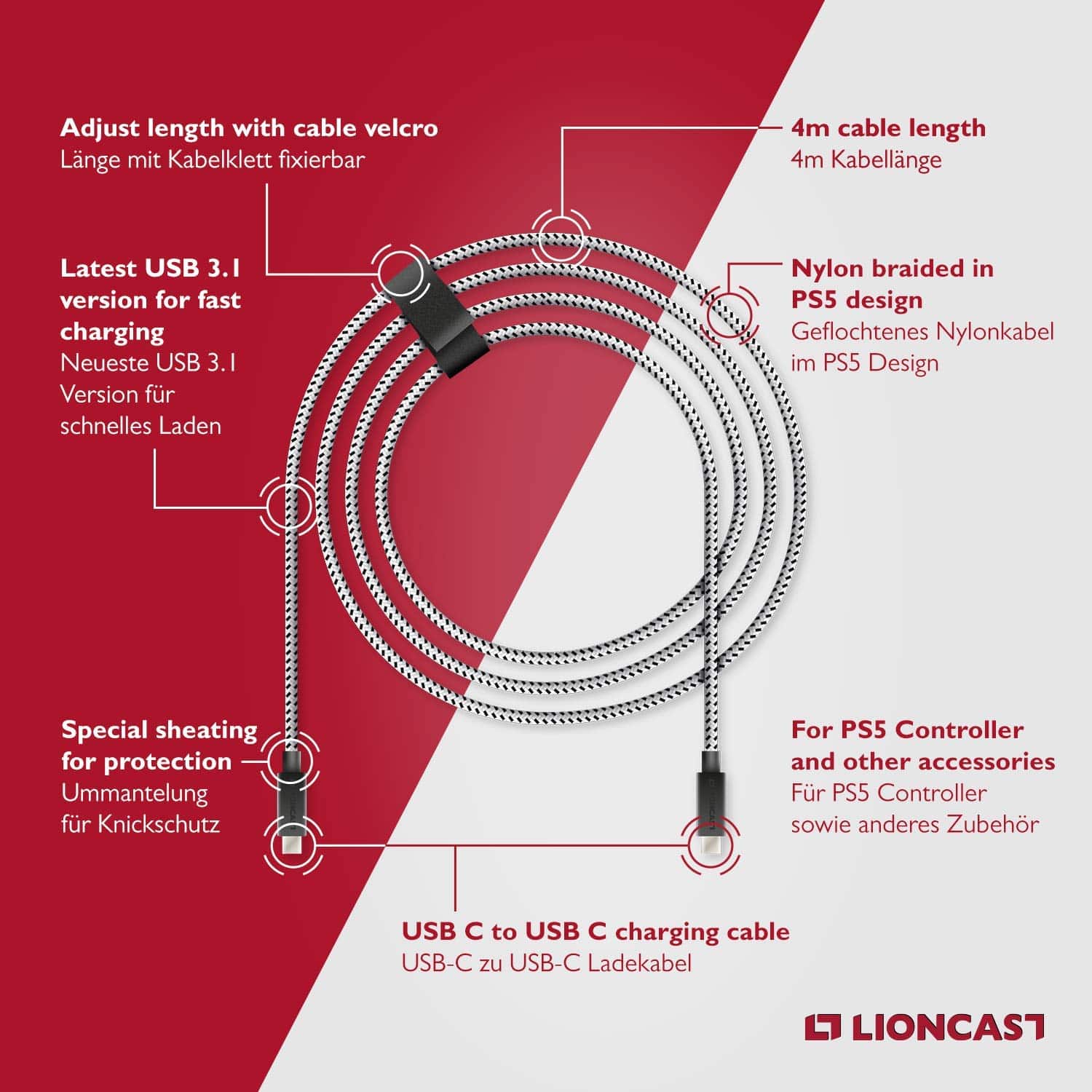 Lioncast PS5 Ladekabel 4m –  USB C zu USB C