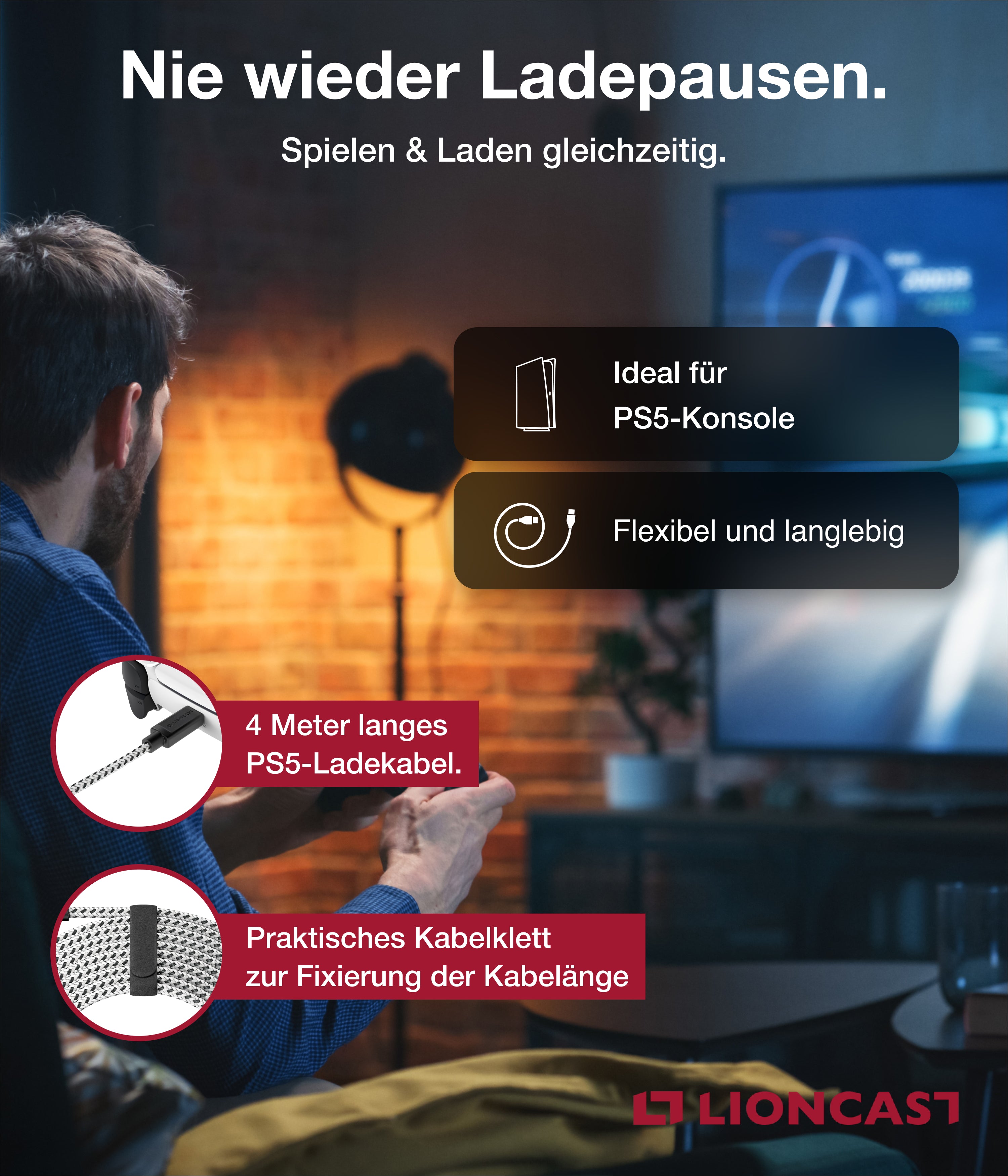 Lioncast PS5 Ladekabel 4m –  USB C zu USB A
