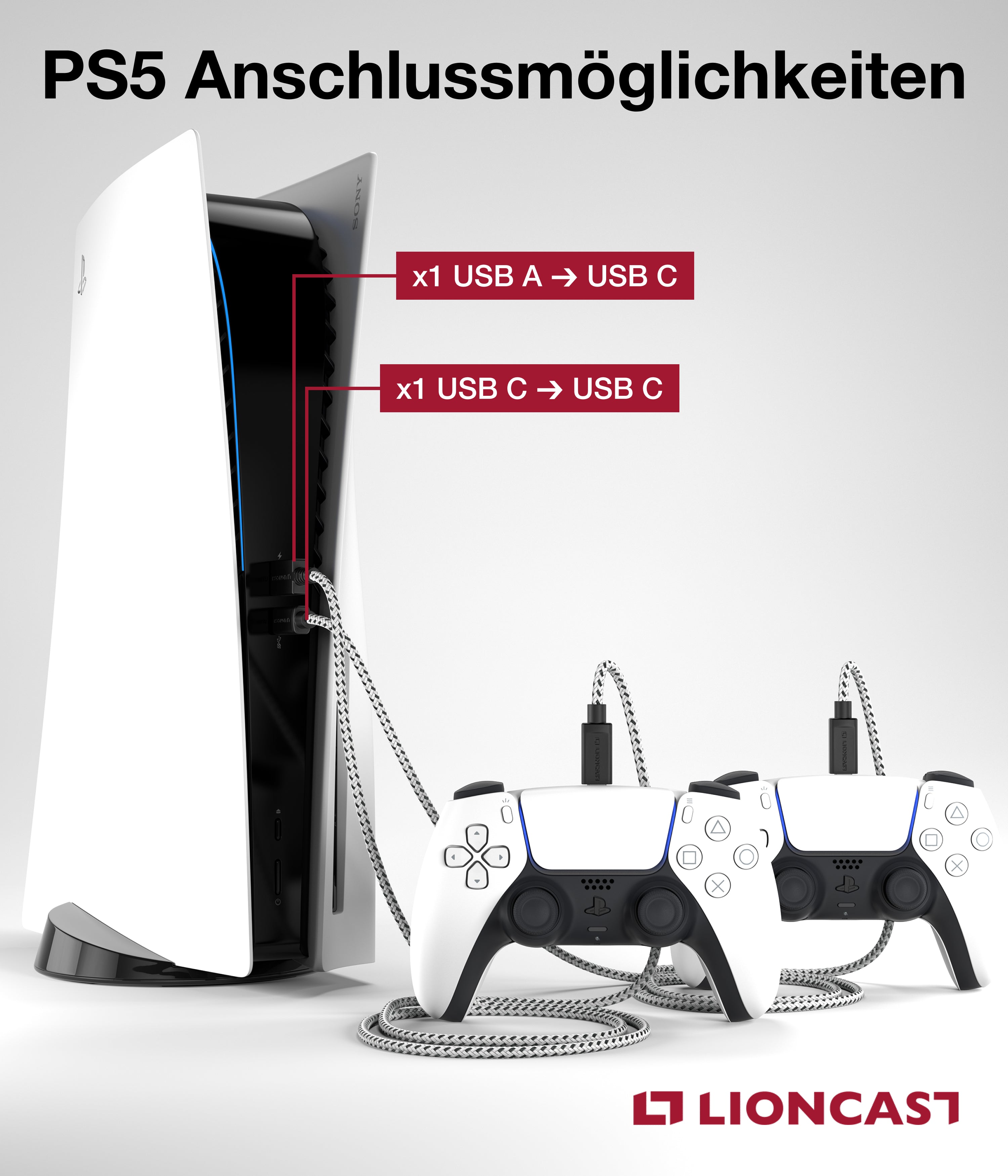 Lioncast PS5 Ladekabel 4m –  USB C zu USB A